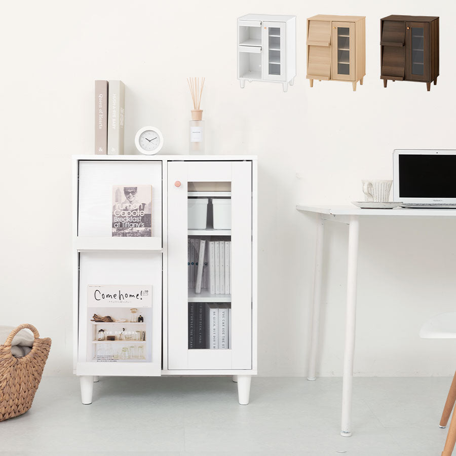 キャビネット〔I〕幅60cm フラップ2扉 ガラス扉4段 キャビネット