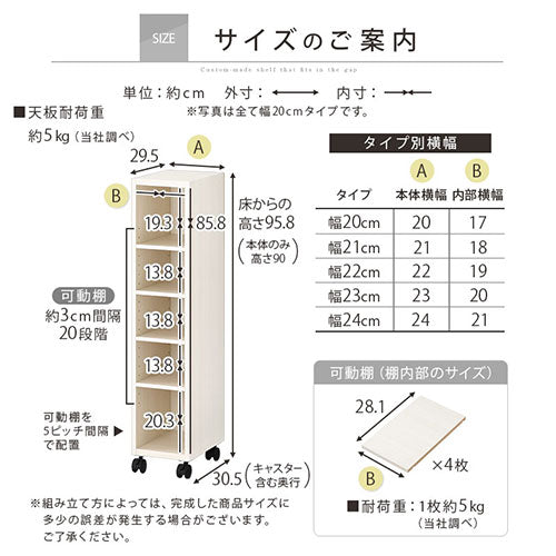 オーダーすき間ラック　ローキャスター付き/20～24cm