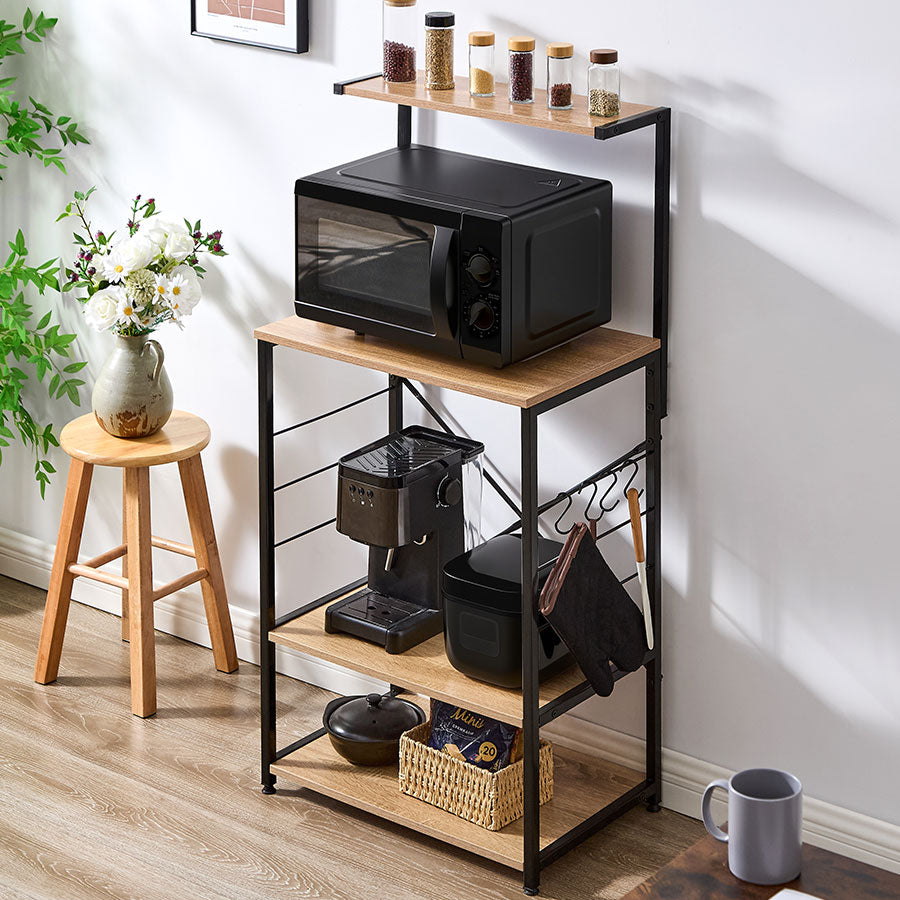キッチンラック 3段＋上棚付き 木製×スチール キッチン収納 レンジ台