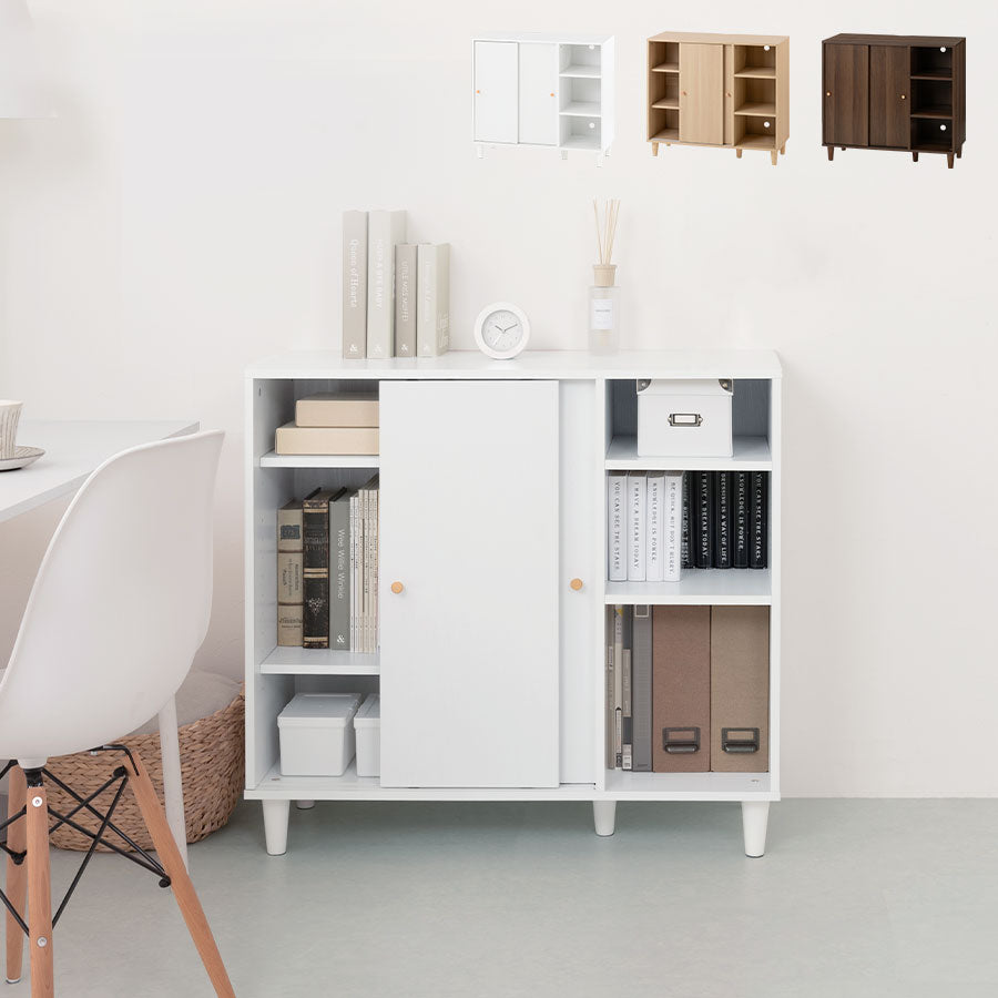 キャビネット B 幅90cm スライド2扉 オープン3段 足つきキャビネット