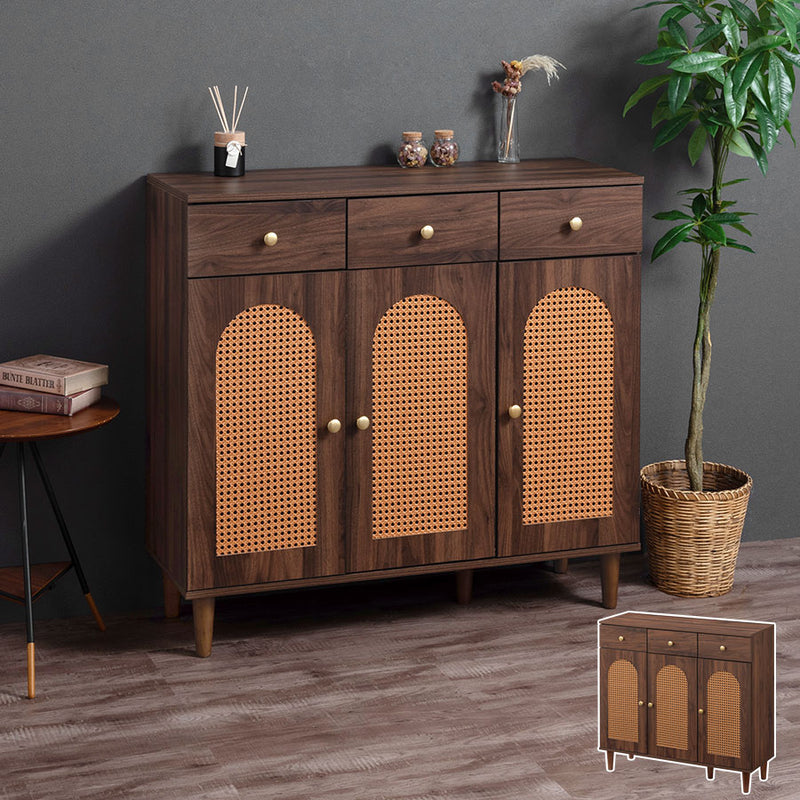 ラタン調 幅100 キャビネット 3扉 引き出し3杯 足つきキャビネット