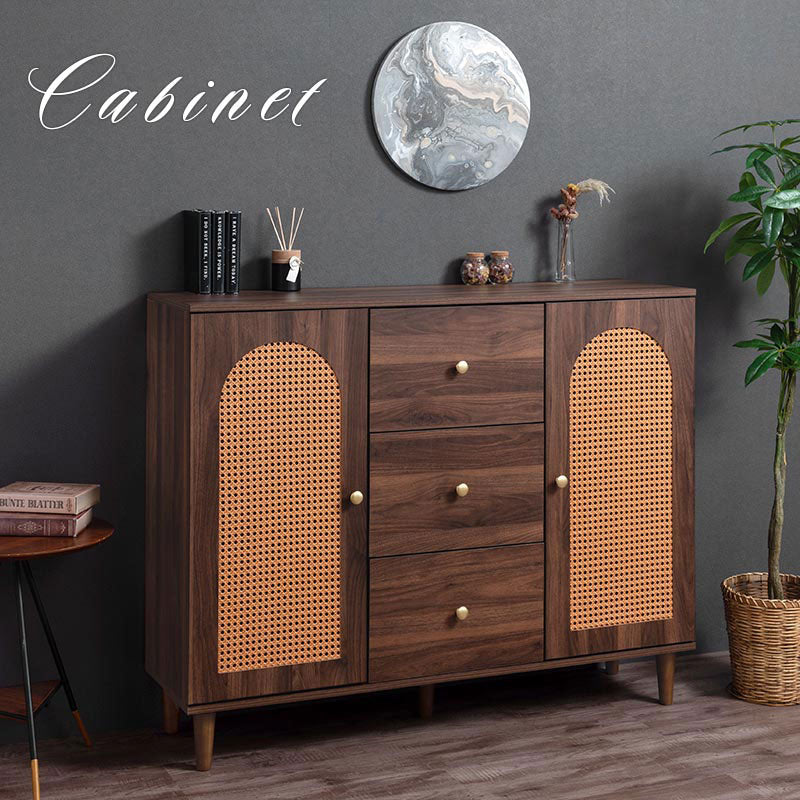 ラタン調 幅120 キャビネット 2扉 引き出し3杯 足つきキャビネット