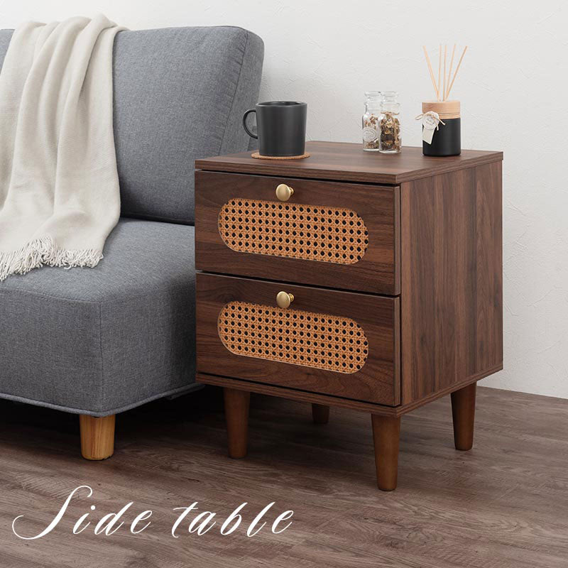 ラタン調 サイドテーブル 引き出し2杯 テーブル おしゃれ ぼん家具