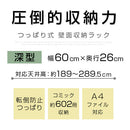 つっぱり式壁面収納ラック 本体〔深型〕幅60cm×奥行19cm 本棚 突っ張り式 9段 可動棚  壁面収納 大容量 収納棚 ブックシェルフ 地震対策 A4 ぼん家具