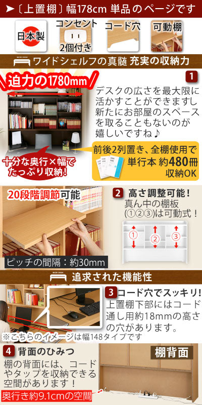 BONワイドデスク専用上置棚 幅180cm デスク ワイドデスクシリーズ